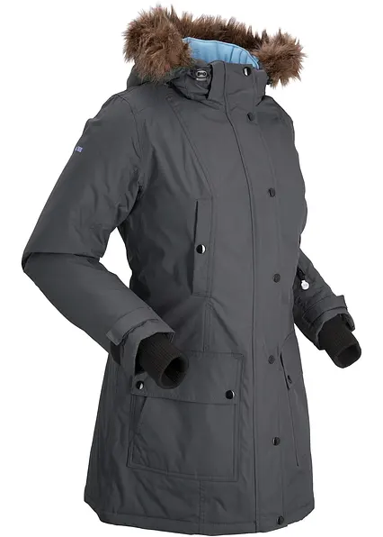wasserdichte Funktions-Outdoor-Longjacke mit Kapuze in grau von der Seite - bonprix