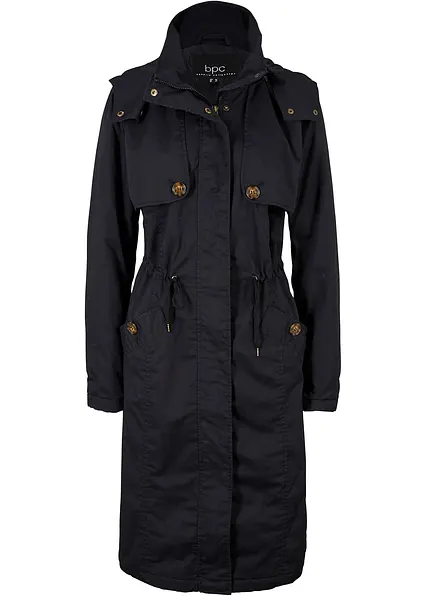 Langer Trenchcoat mit Kapuze, tailliert,  leicht wattiert in schwarz von vorne - bonprix