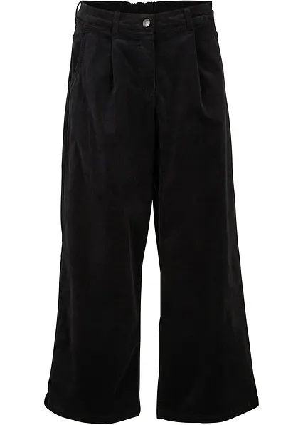 Weite Stretchcord-Culotte mit High-Waist-Bequembund, 7/8-Länge in schwarz von vorne - bonprix