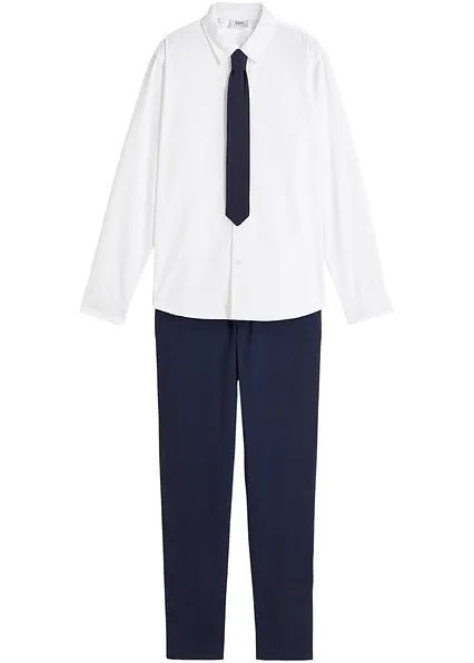 Chinohose, Langarmhemd und Krawatte (3-tlg.Set) in blau von vorne - bonprix