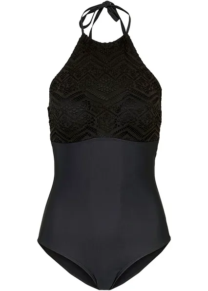 Medium Shape-Badeanzug mit Spitze in schwarz von vorne - bonprix