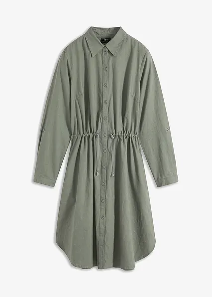 Hemdblusenkleid aus Leinen-Baumwoll-Mix in grün von vorne - bonprix