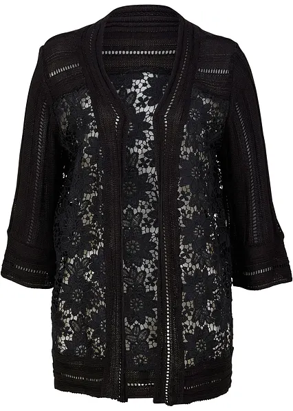 Strickjacke mit Spitze in schwarz von vorne - bonprix