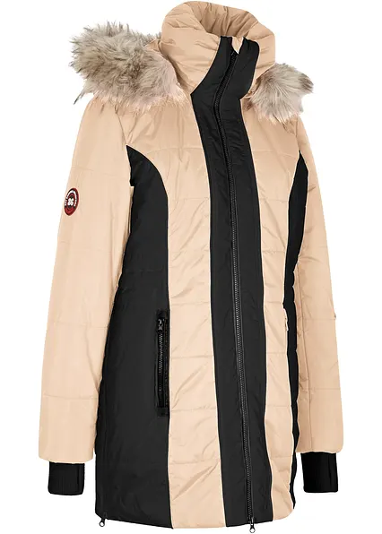 wasserabweisender Outdoor-Kurzmantel mit Fellimitat in beige von vorne - bonprix
