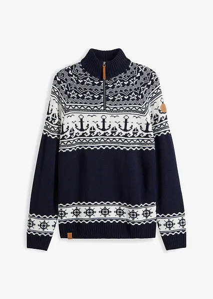Maritimer Norweger-Pullover mit Troyerkragen in blau von vorne - bonprix
