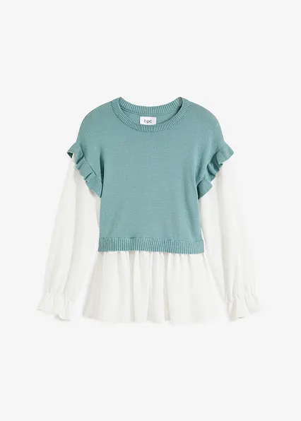 Pullover mit Blusen-Einsatz in blau von vorne - bonprix