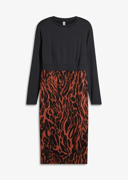 Jerseykleid mit bedrucktem Rockteil in braun von vorne - bonprix