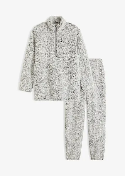 Loungewear Hausanzug aus Teddy Fleece in grau von vorne - bonprix