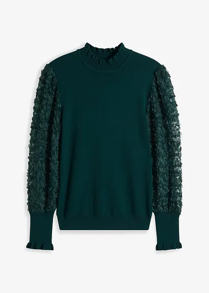 Rollkragenpullover mit dekorativen Chiffonärmeln in grün von vorne - bonprix