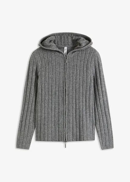 Gerippte Strickjacke mit Kapuze in grau von vorne - bonprix