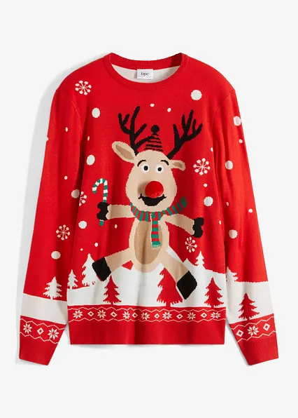 Feinstrickpullover mit Weihnachtsmotiv in rot von vorne - bonprix