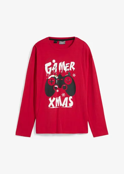 Langarmshirt mit Weihnachtsmotiv aus reiner Bio-Baumwolle in rot von vorne - bonprix