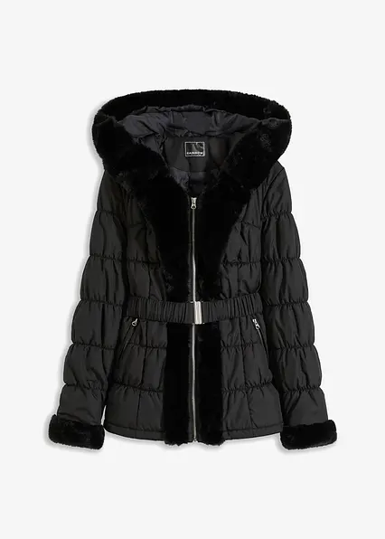 Steppjacke mit Fellimitat in schwarz von vorne - bonprix