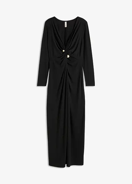 Maxikleid mit Knotendetail und Perlen-Nadel in schwarz von vorne - bonprix