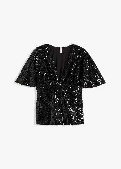 Kurzes Shirt mit Pailletten in schwarz von vorne - bonprix