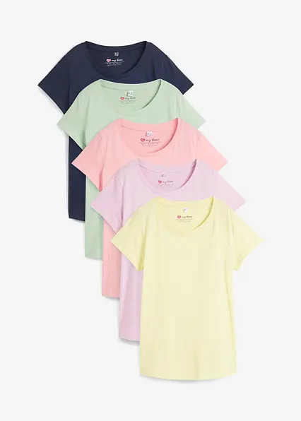 Rundhals-Shirt, Kurzarm (5er Pack) in rosa von vorne - bonprix