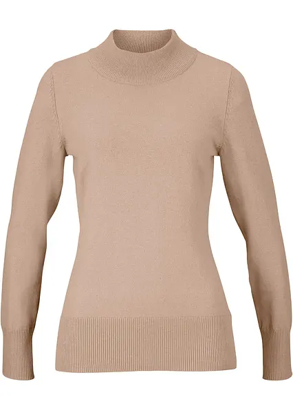 Basic Pullover mit Stehkragen mit recycelter Baumwolle in beige von vorne - bonprix