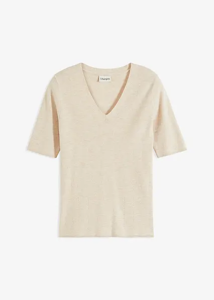 Kurzarm- Rippenpullover mit Viskose in beige von vorne - bonprix