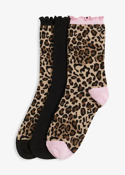 Socken mit Rüschen mit Bio-Baumwolle (3er Pack) in schwarz von vorne - bonprix