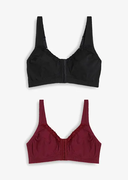 Vorderverschluss-BH ohne Bügel mit Baumwolle (2er Pack) in schwarz von vorne - bonprix