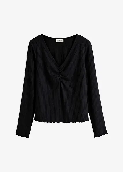Rippshirt mit V-Ausschnitt in schwarz von vorne - bonprix