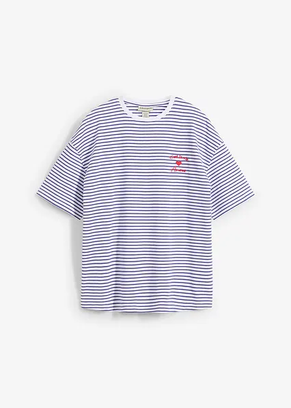 Gestreiftes T-Shirt mit Stickerei in blau von vorne - bonprix