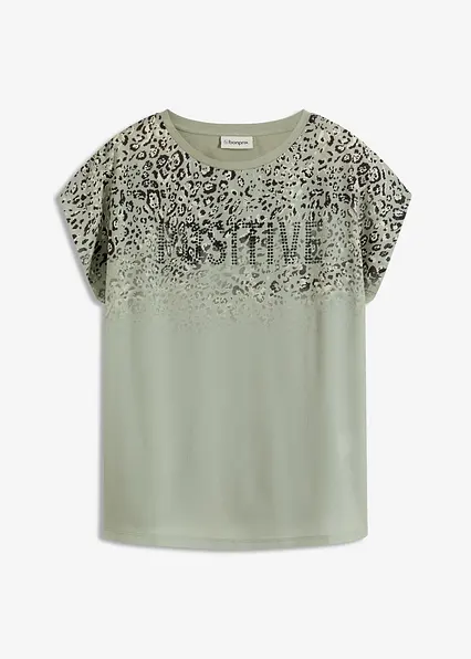 Shirt mit Webeinsatz und Glitzersteinchen in grün von vorne - bonprix