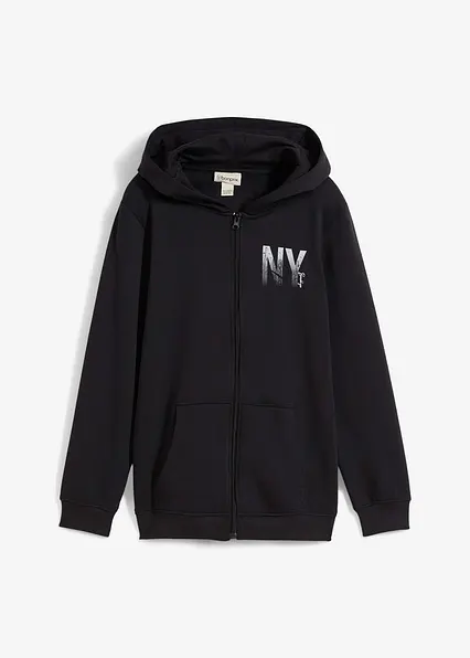 Kapuzen-Sweatjacke aus weichem Baumwoll-Mix in schwarz von vorne - bonprix