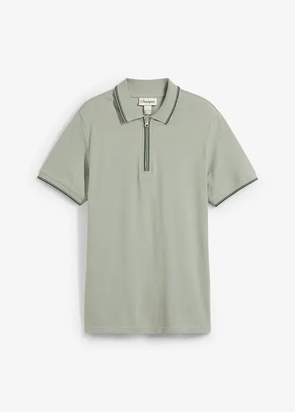 Piqué-Poloshirt mit Reißverschluss aus reiner Baumwolle in grün von vorne - bonprix