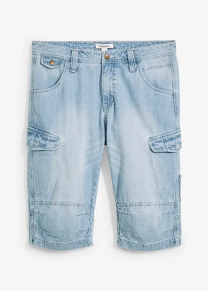 Leichte Stretch-Jeans-Long-Cargobermuda, Relaxed Fit in blau von vorne - bonprix