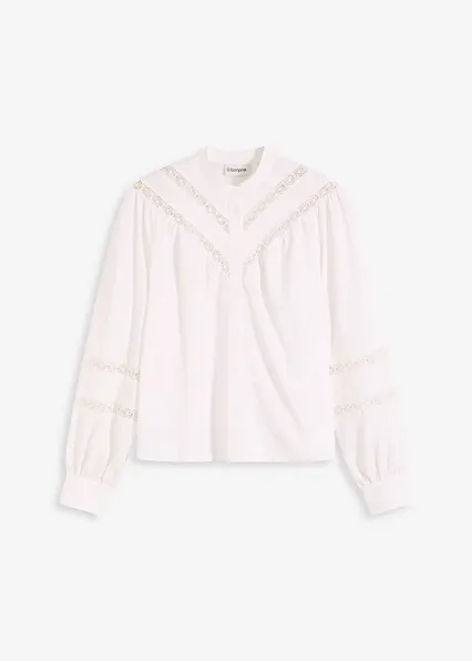 Bluse mit Leinenanteil und Crochet-Einsätzen in weiß von vorne - bonprix