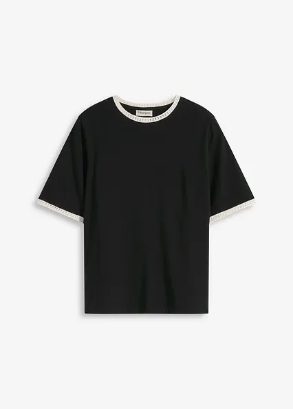Shirt mit Spitzenborte in schwarz von vorne - bonprix
