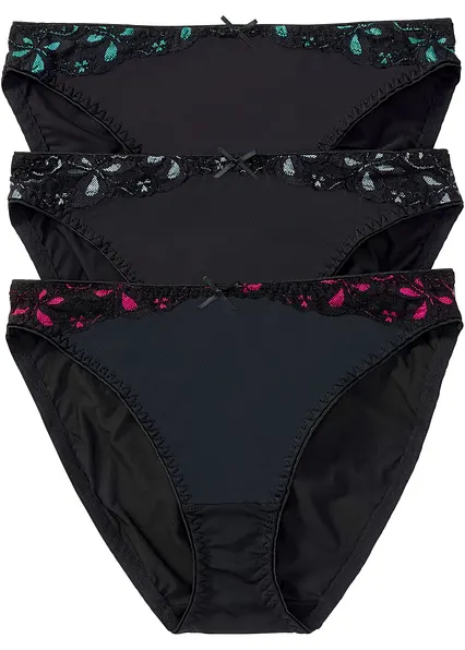 Slip mit Spitze (3er Pack) in schwarz von vorne - bonprix