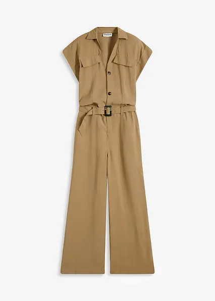 Viskose-Jumpsuit mit Bindeband in braun von vorne - bonprix