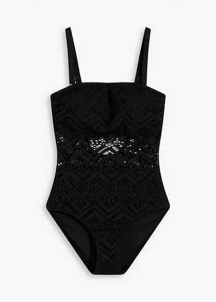 Bandeau-Badeanzug mit Spitze in schwarz von vorne - bonprix