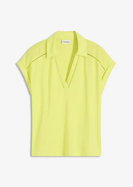 Poloshirt aus Viskose- Pique mit Spitzeneinsatz in gelb von vorne - bonprix