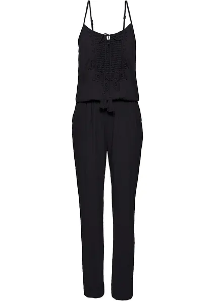 Jumpsuit aus strukturierter Viskose in schwarz von vorne - bonprix
