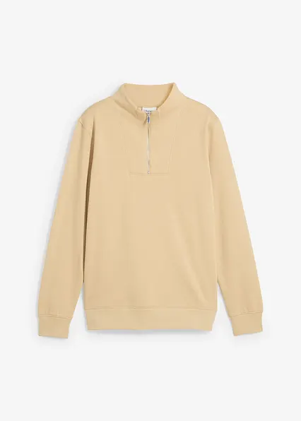 Sweatshirt mit Troyerkragen aus reiner Bio-Baumwolle in beige von vorne - bonprix
