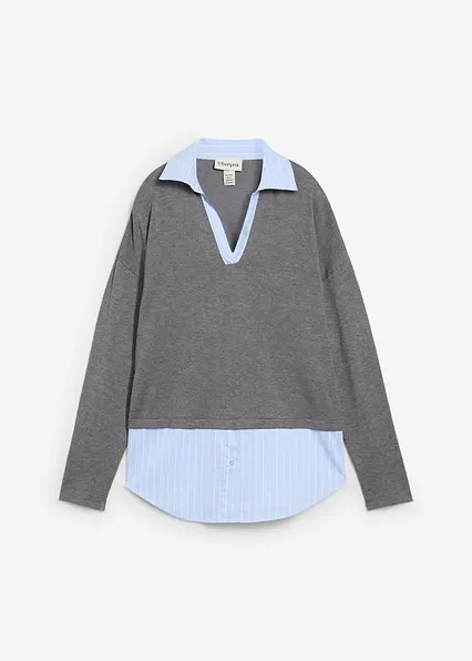 Feinstrickpullover mit Bluseneinsatz in grau von vorne - bonprix