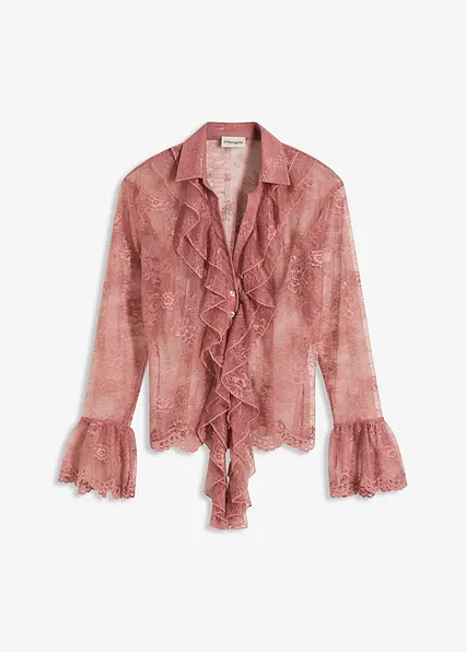 Transparente Bluse mit Spitze in lila von vorne - bonprix