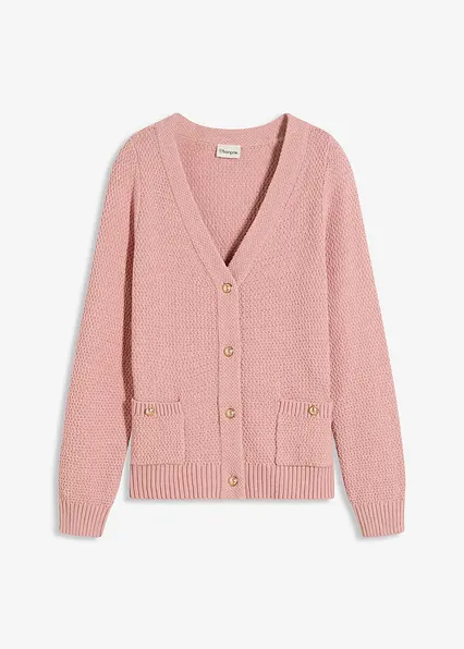 Melange Strickjacke mit goldfarbigen Knöpfen in rosa von vorne - bonprix