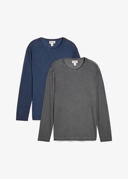 Langarmshirt in gewaschener Optik (2er Pack) in blau von vorne - bonprix