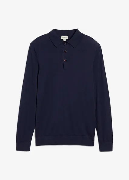 Feinstrick-Polopullover mit edler Merinowolle, Slim Fit in blau von vorne - bonprix