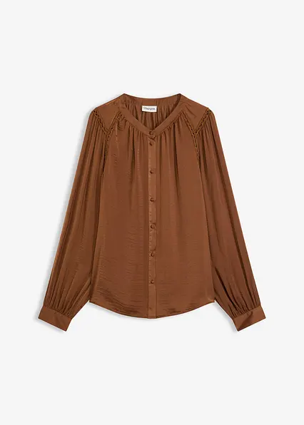 Satinbluse mit Spitzenbändern in braun von vorne - bonprix