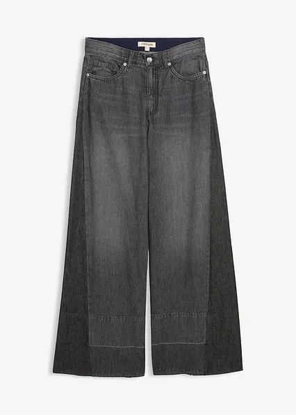 Wide-Leg-Jeans High Waist mit Einsatz in grau von vorne - bonprix