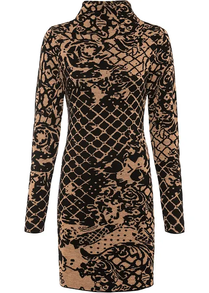 Figurbetontes Strickkleid mit Stehkragen in braun von vorne - bonprix