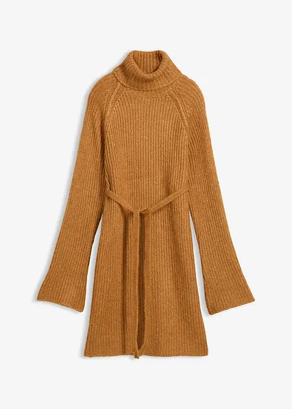 Kurzes Ripp-Strickkleid mit Rollkragen in braun von vorne - bonprix