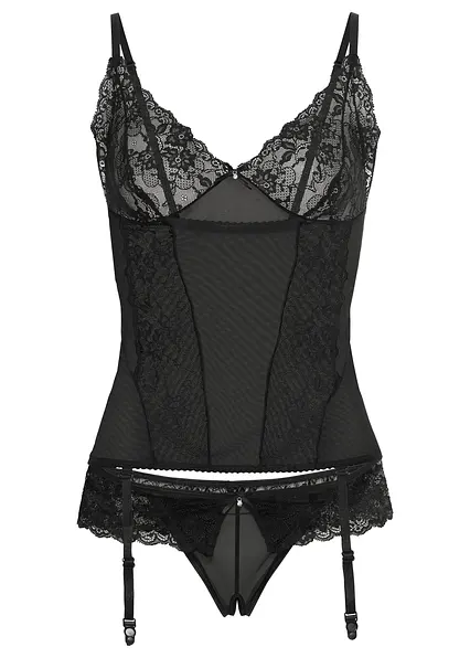 Corsage mit Strapshaltern + String ouvert (2-tlg.Set) in schwarz von vorne - bonprix