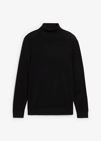 Feinstrick-Rollkragenpullover mit edler Merinowolle, Slim Fit in schwarz von vorne - bonprix