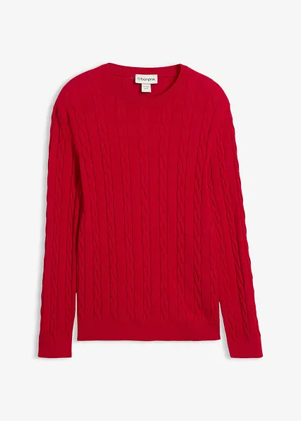 Feinstrickpullover mit Zopfmuster aus weichem Baumwollmix , Slim Fit in rot von vorne - bonprix